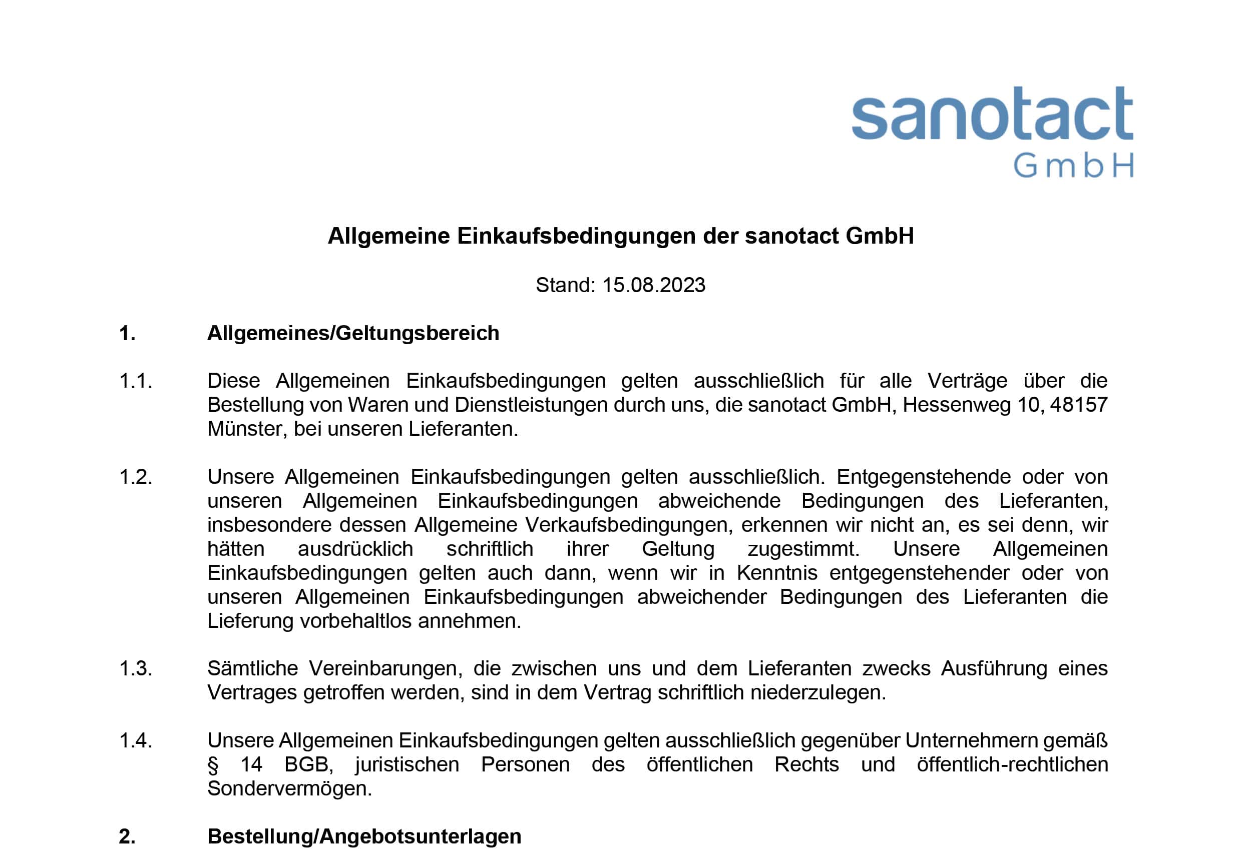 Allgemeine Einkaufsbedingungen der sanotact GmbH<br />
Stand: 15.08.2023